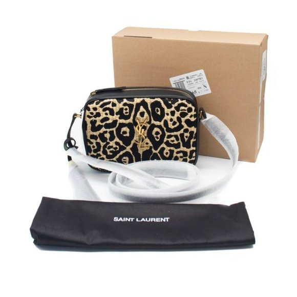 YSL Monogram Camera Lou Medium Jaguar Pattern Raffia Black Leather Shoulder Bag - Picture 3 of 12